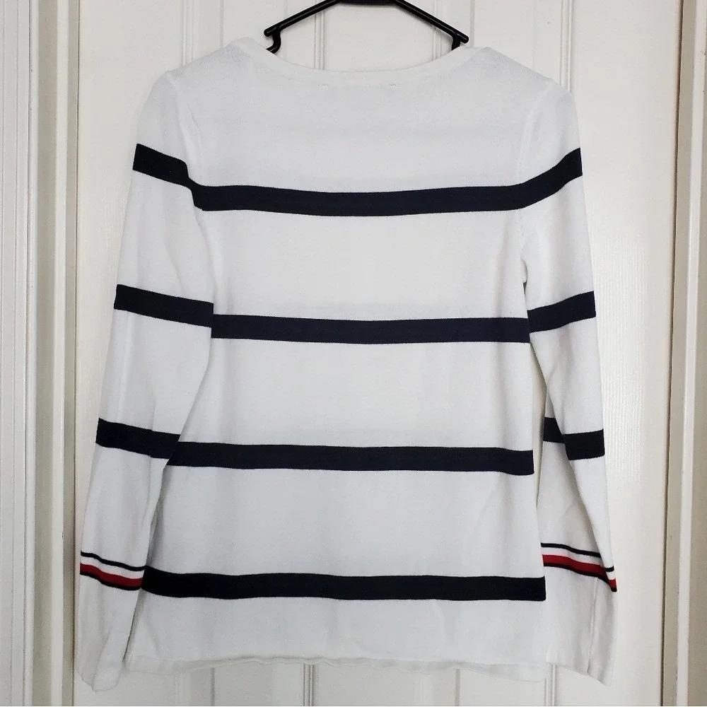 Tommy Hilfiger Nautical White Navy Stripe Long Sleeve Sweater Classy Top Size SP